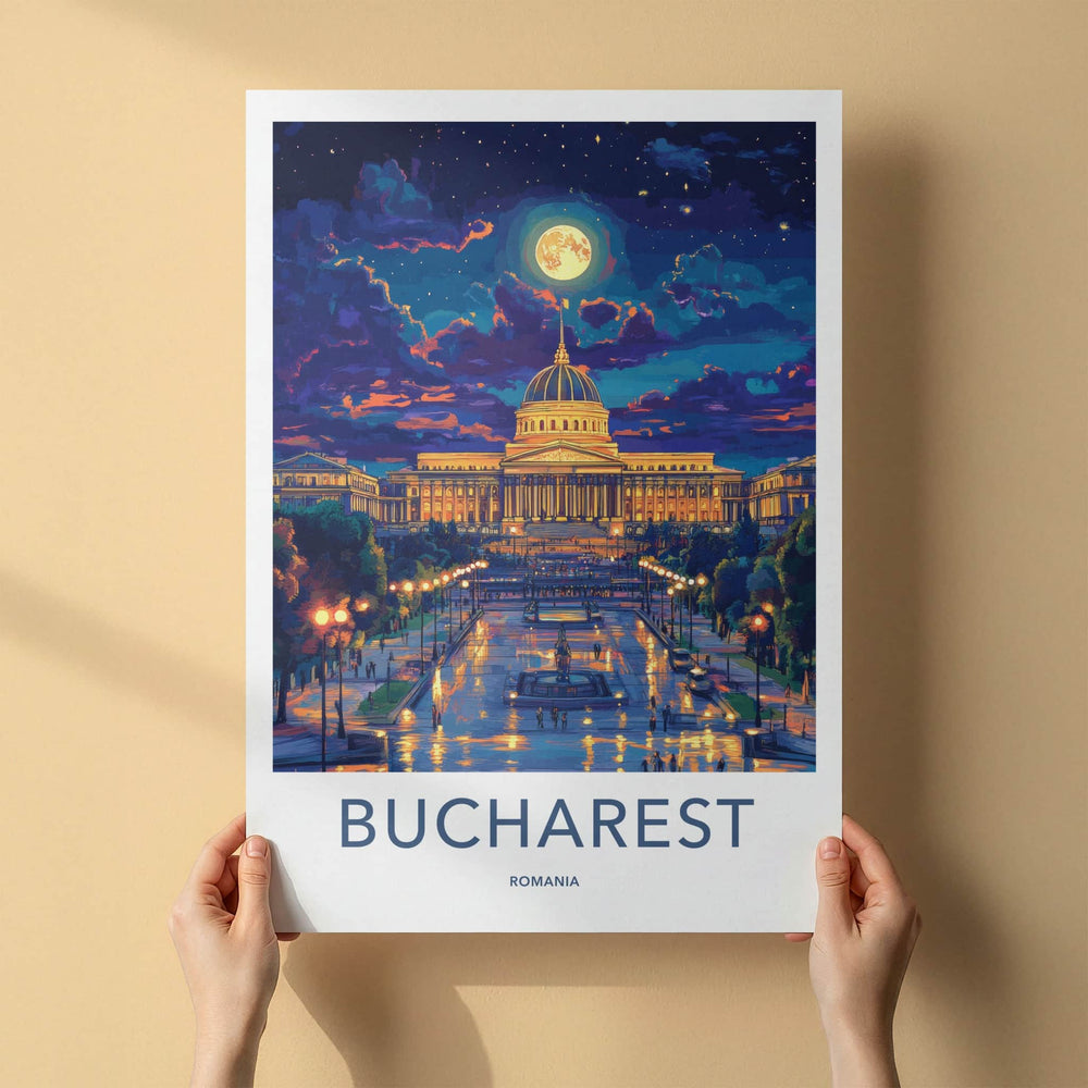 Bucharest Poster - Romania Travel Art - Illuminated Palace Night Home Decor