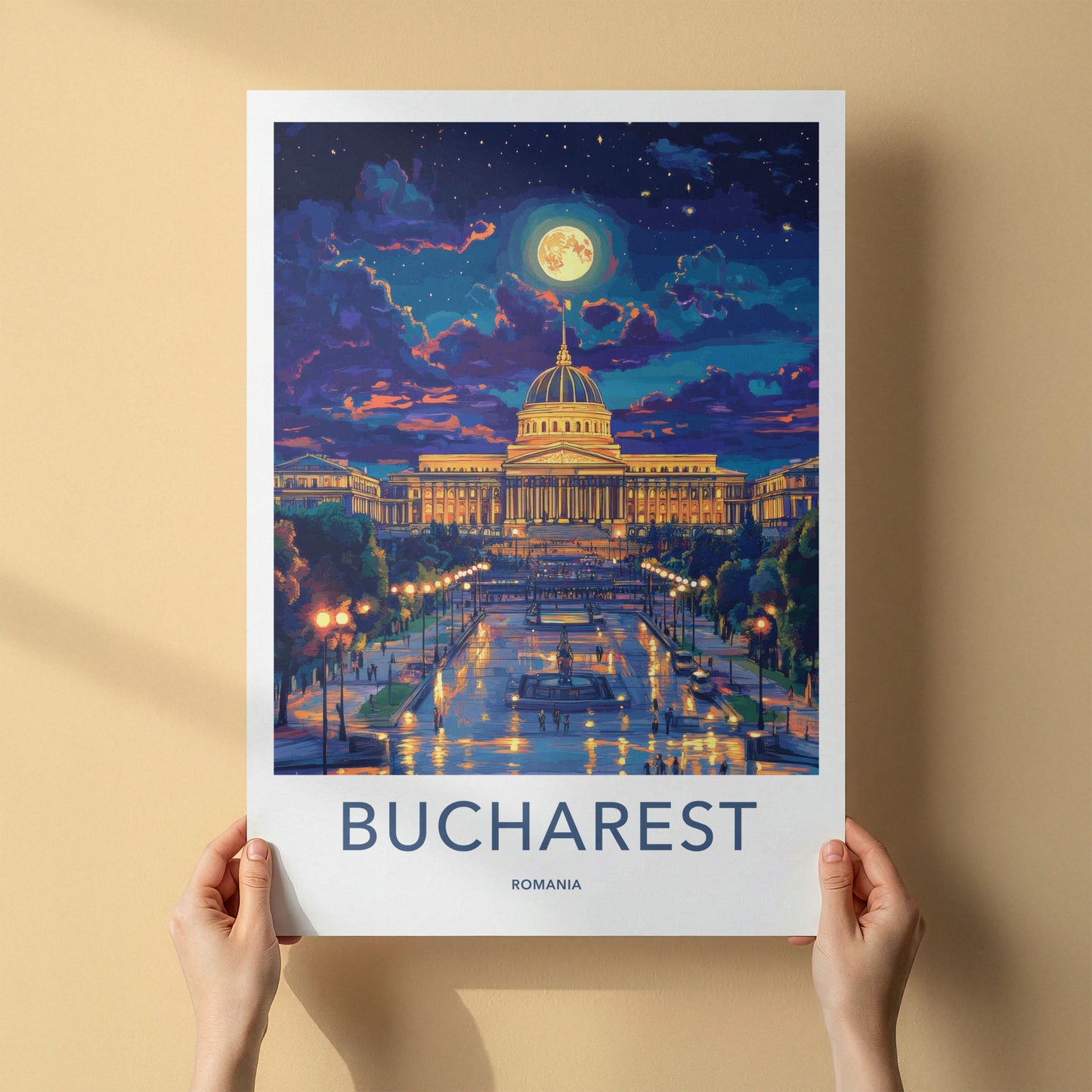 Bucharest Poster - Romania Travel Art - Illuminated Palace Night Home Decor