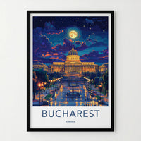 Bucharest Poster - Romania Travel Art - Illuminated Palace Night Home Decor