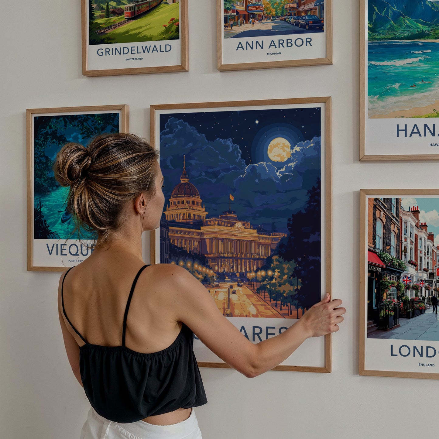 Bucharest Poster - Romania Travel Art - Moonlit City Street Home Decor