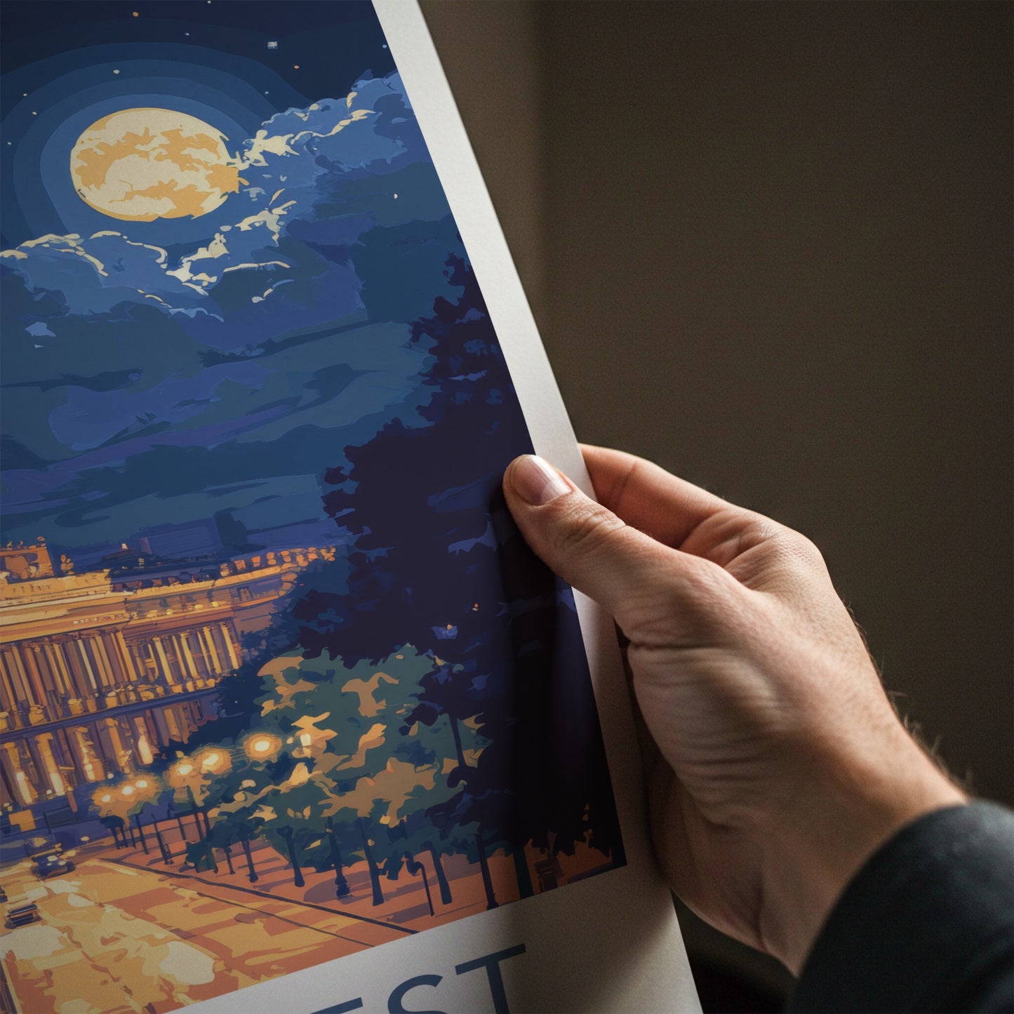 Bucharest Poster - Romania Travel Art - Moonlit City Street Home Decor