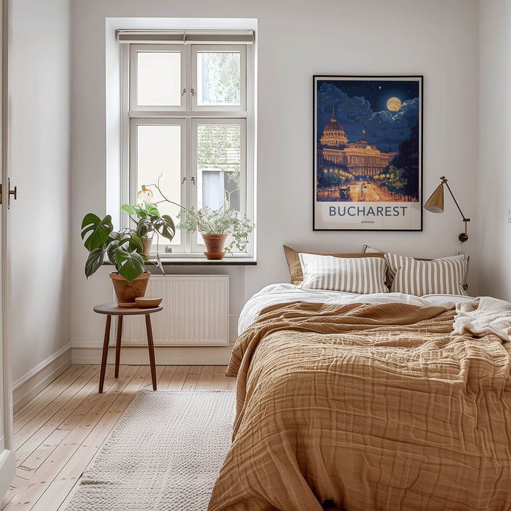 Bucharest Poster - Romania Travel Art - Moonlit City Street Home Decor