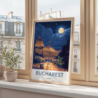 Bucharest Poster - Romania Travel Art - Moonlit City Street Home Decor