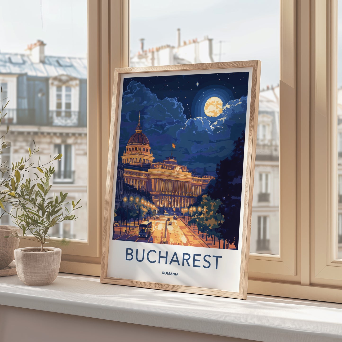 Bucharest Poster - Romania Travel Art - Moonlit City Street Home Decor