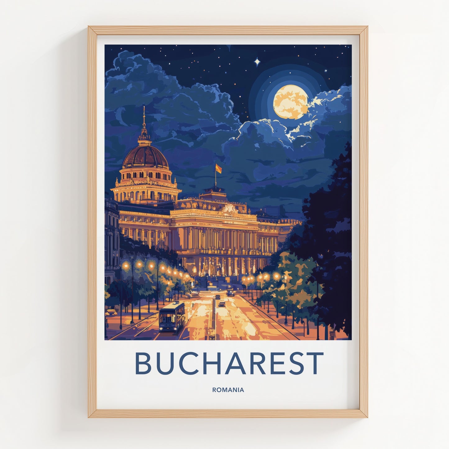 Bucharest Poster - Romania Travel Art - Moonlit City Street Home Decor