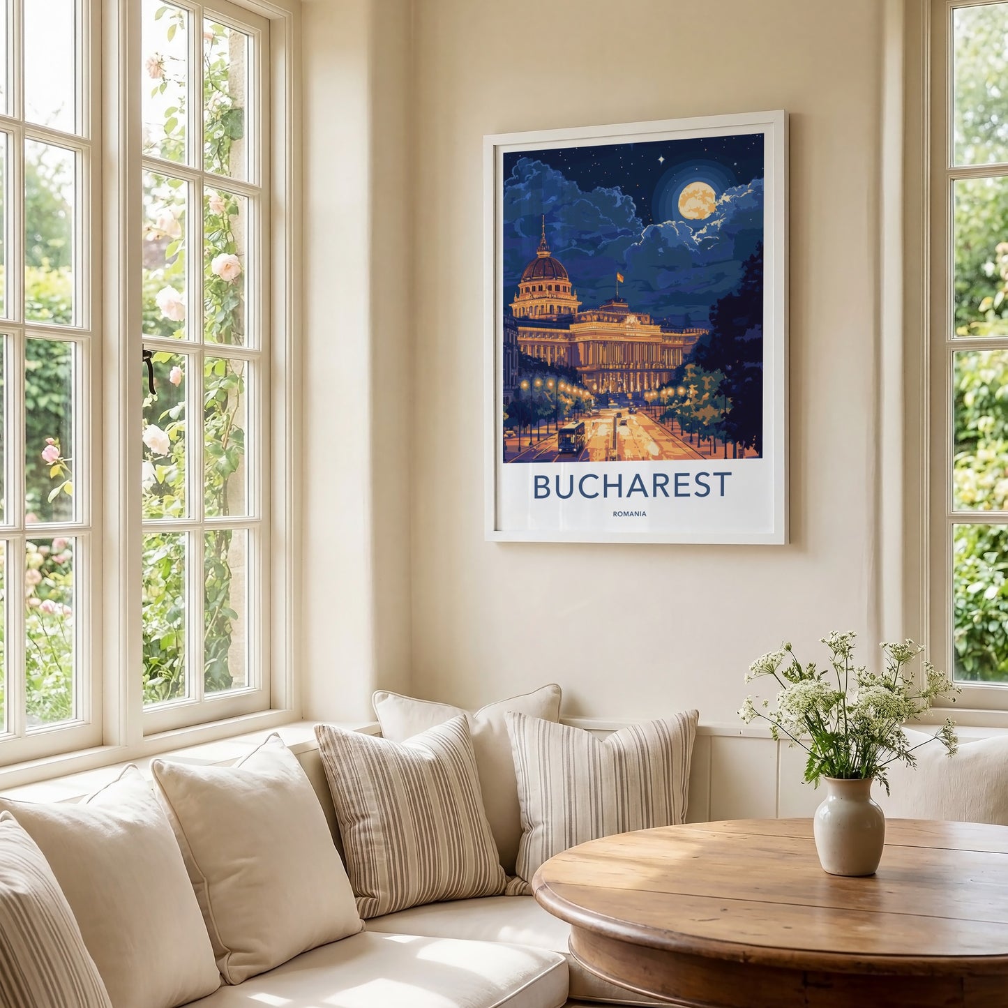 Bucharest Poster - Romania Travel Art - Moonlit City Street Home Decor