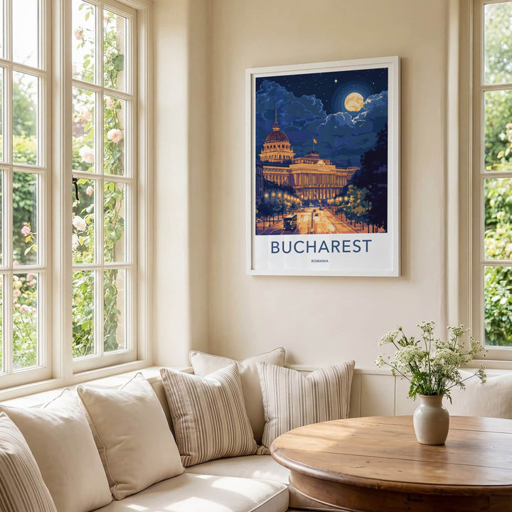 Bucharest Poster - Romania Travel Art - Moonlit City Street Home Decor