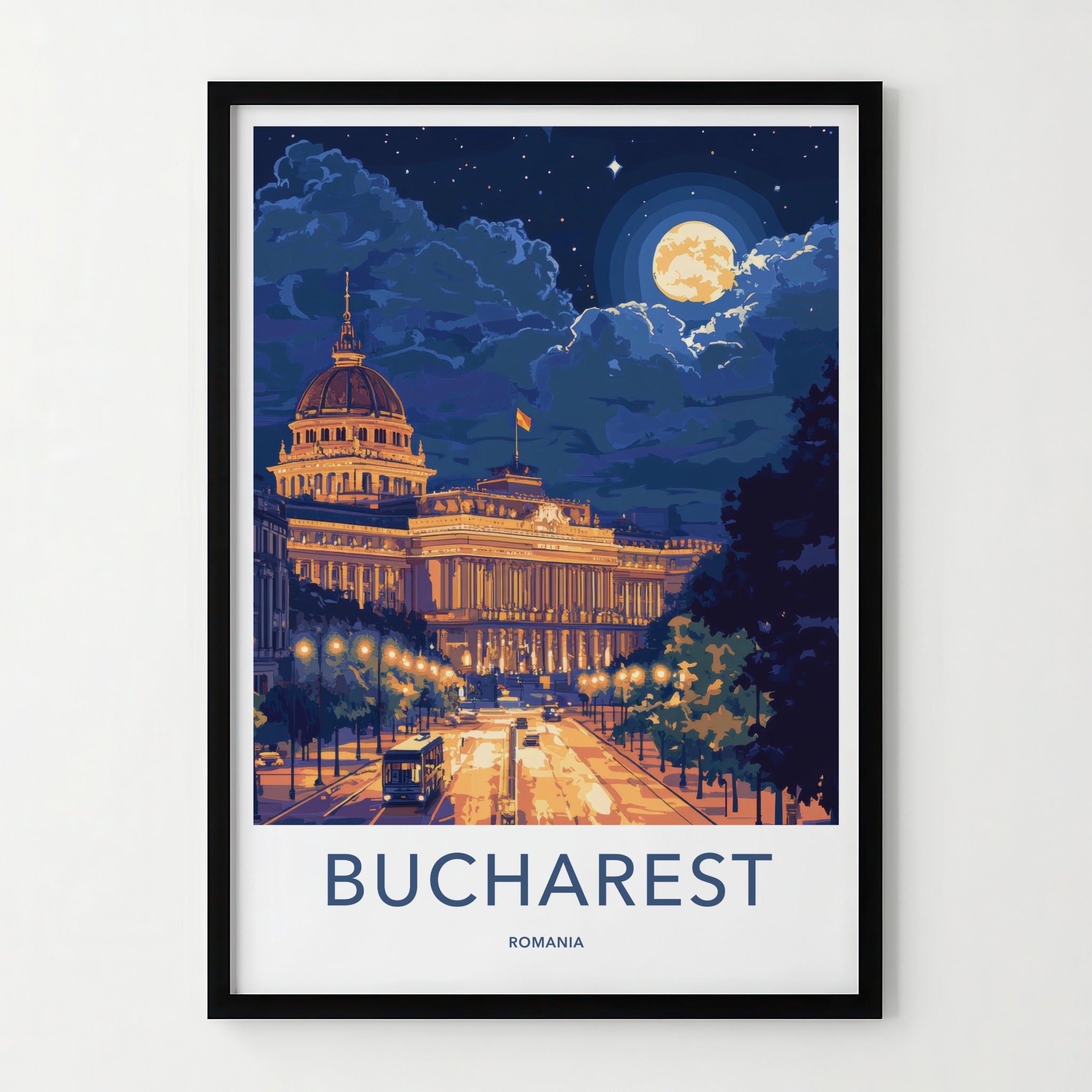 Bucharest Poster - Romania Travel Art - Moonlit City Street Home Decor