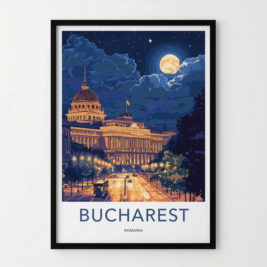 Bucharest Poster - Romania Travel Art - Moonlit City Street Home Decor