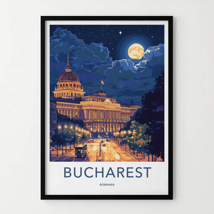Bucharest Poster - Romania Travel Art - Moonlit City Street Home Decor
