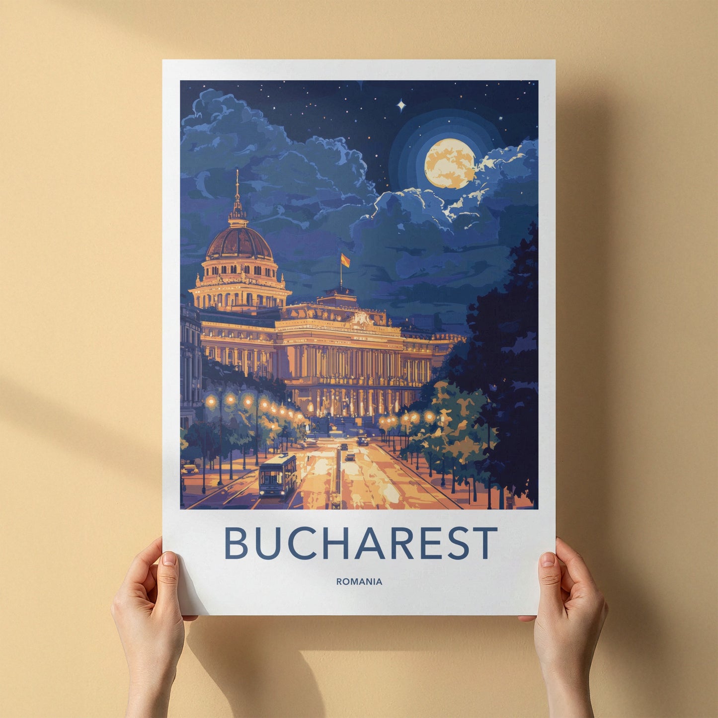 Bucharest Poster - Romania Travel Art - Moonlit City Street Home Decor