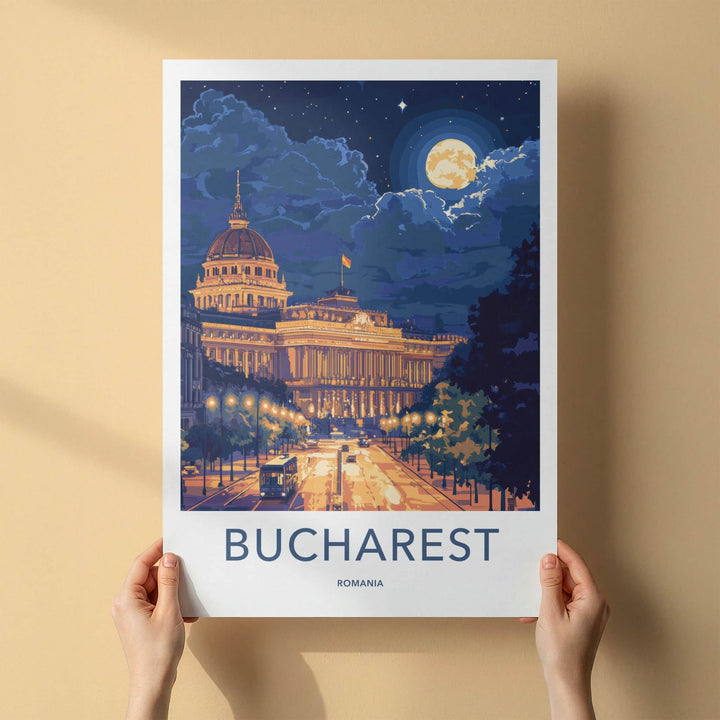 Bucharest Poster - Romania Travel Art - Moonlit City Street Home Decor