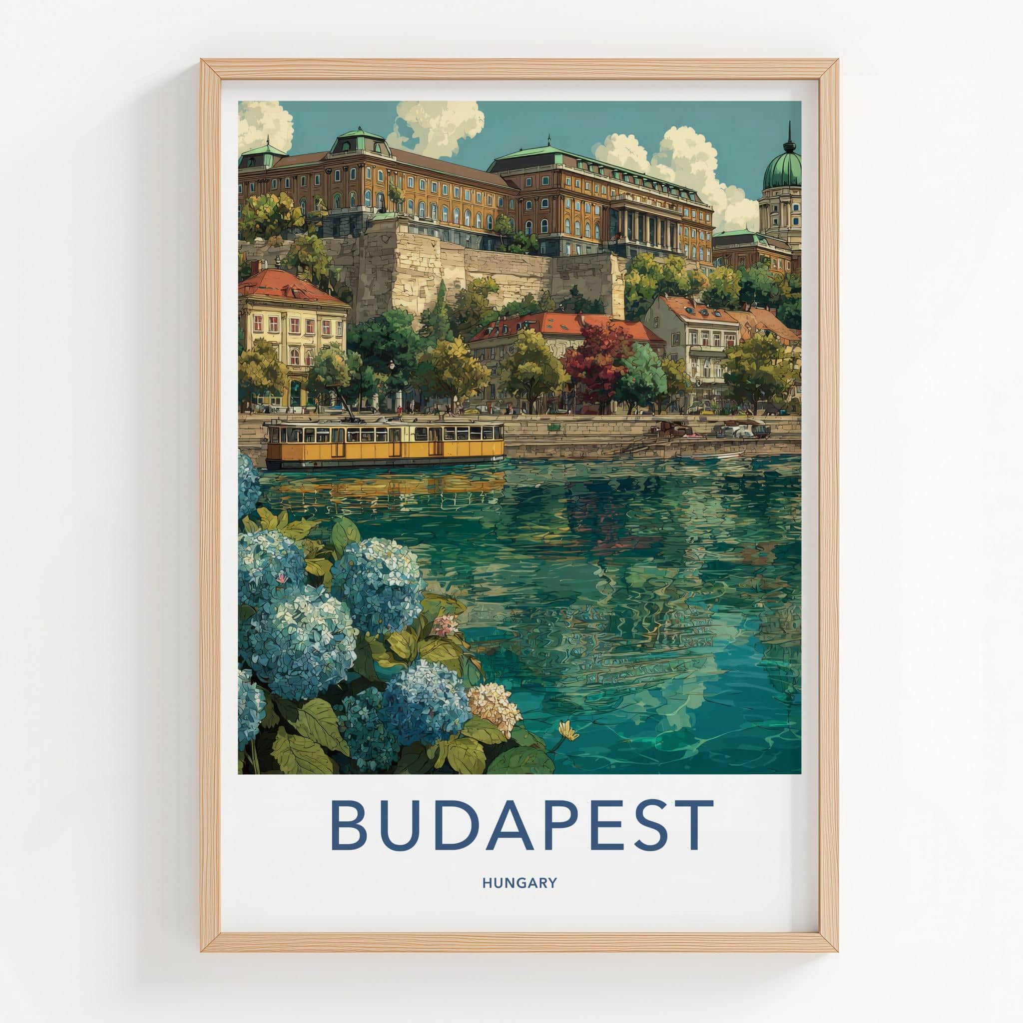 Budapest Poster - Hungary Travel Art - Hillside River Tram Home Decor