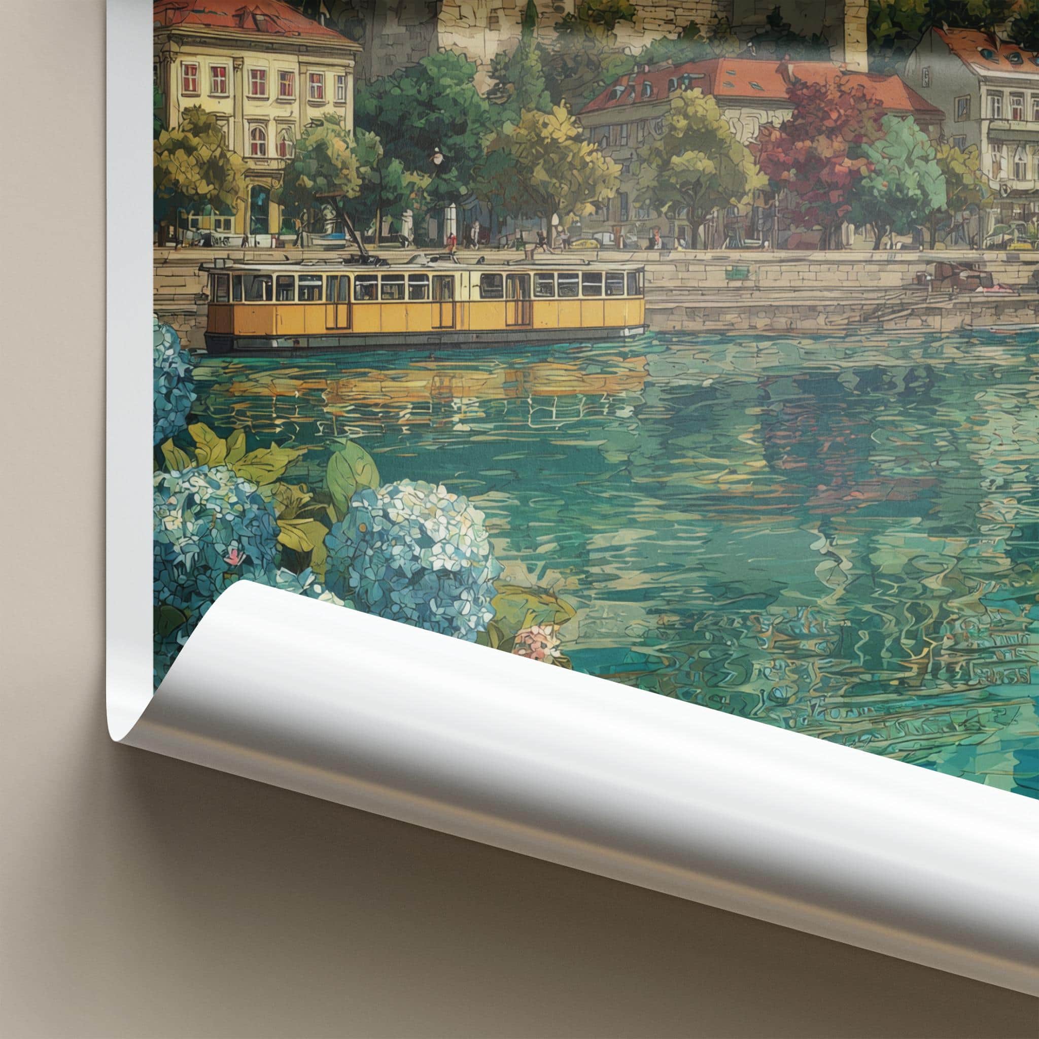 Budapest Poster - Hungary Travel Art - Hillside River Tram Home Decor