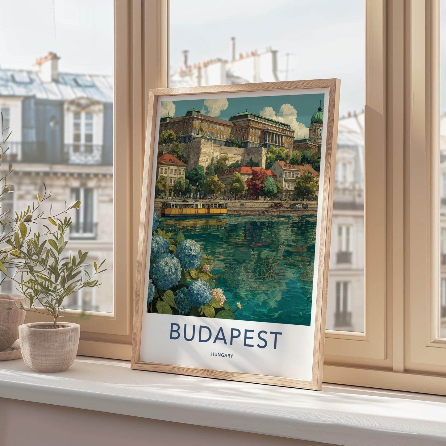 Budapest Poster - Hungary Travel Art - Hillside River Tram Home Decor