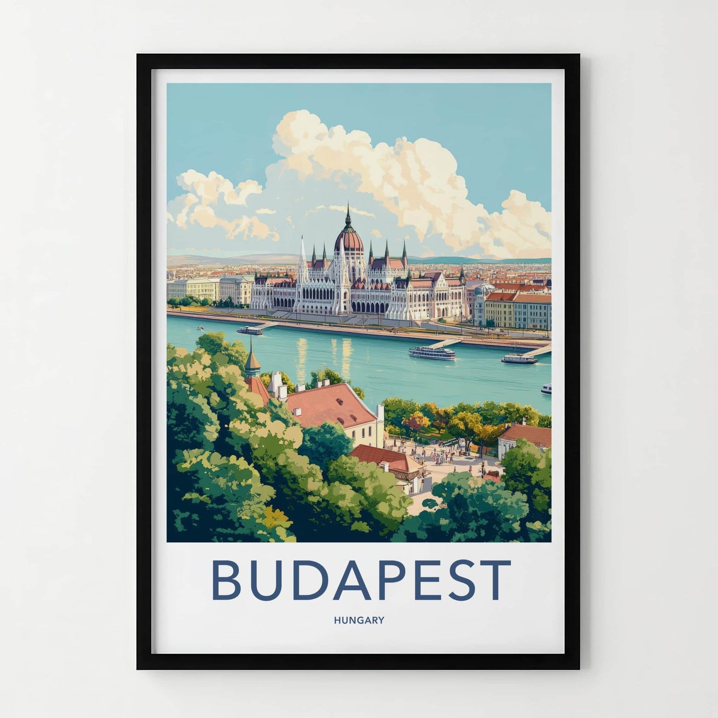Budapest Poster - Hungary Travel Art - Parliament River Boats Home Decor