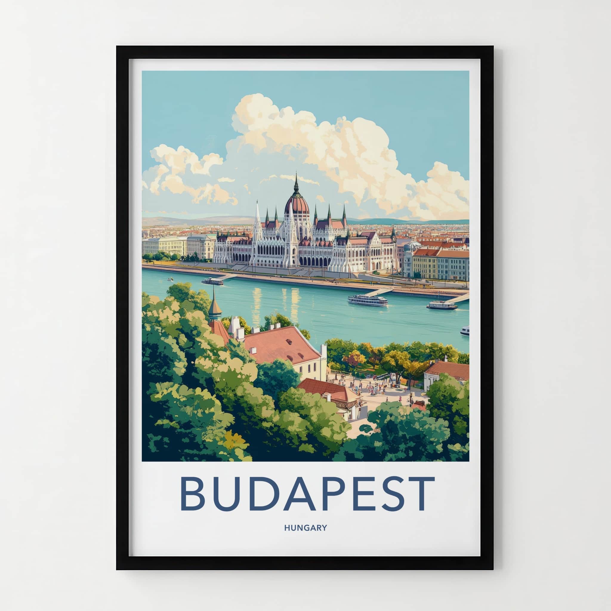 Budapest Poster - Hungary Travel Art - Parliament River Boats Home Decor