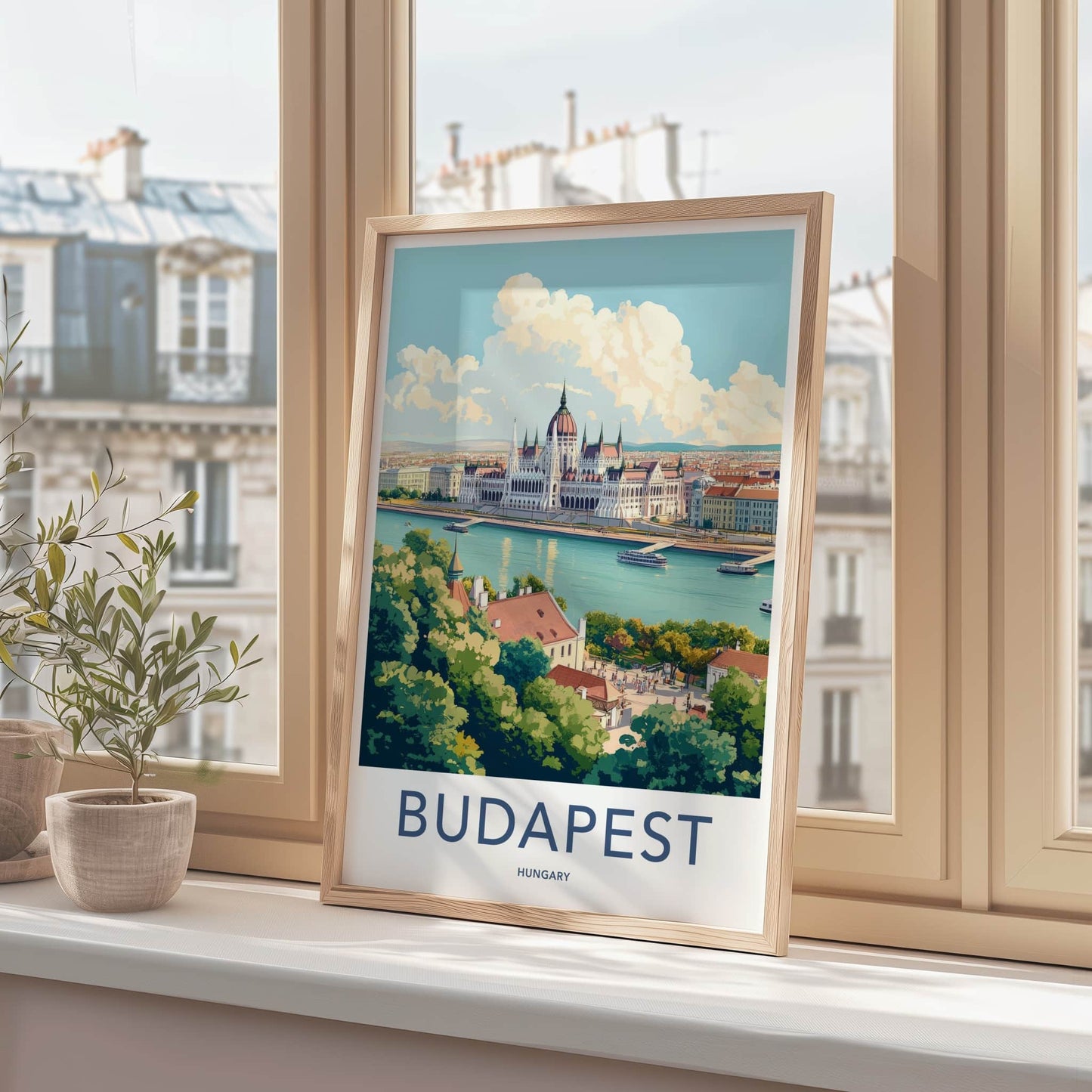 Budapest Poster - Hungary Travel Art - Parliament River Boats Home Decor