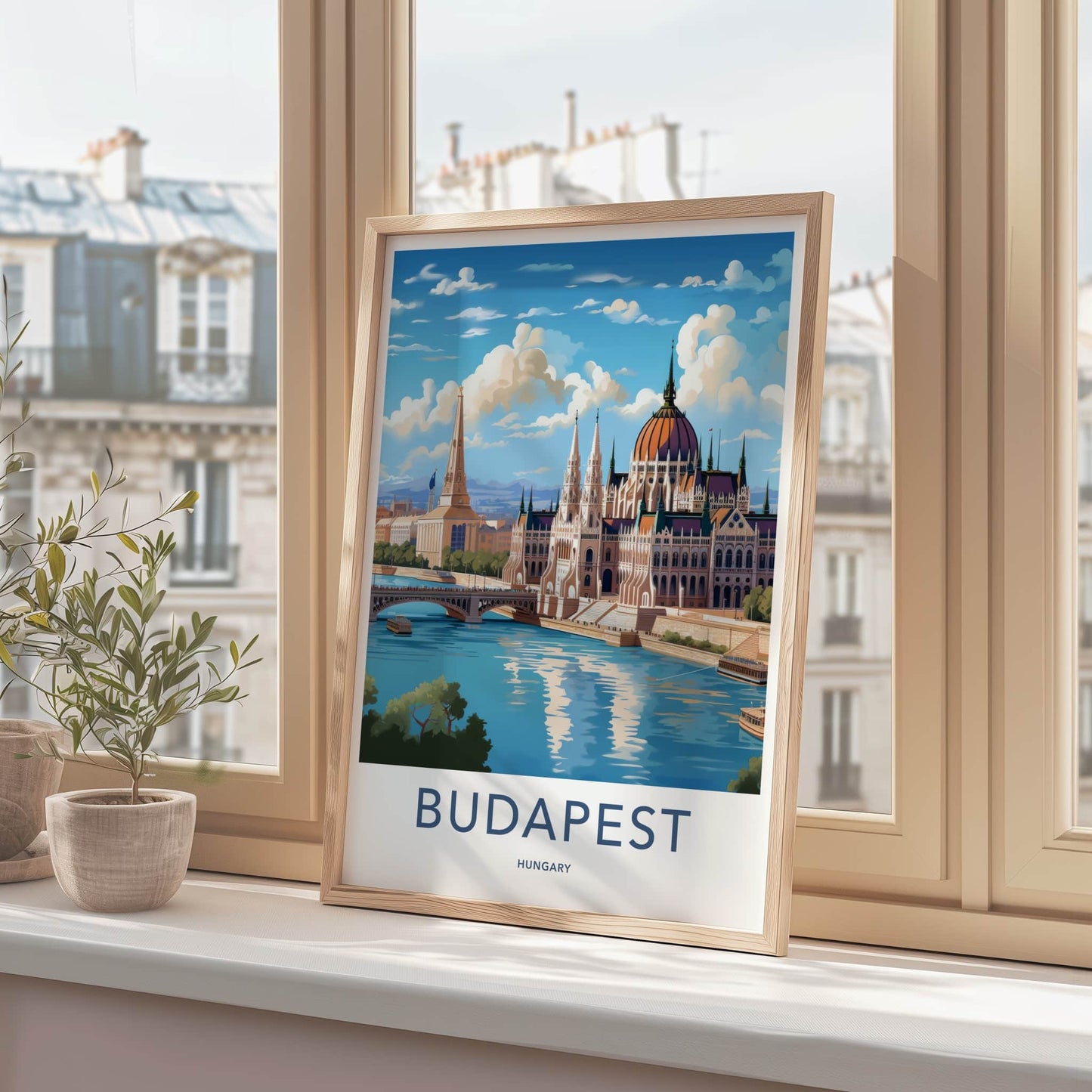 Budapest Poster - Hungary Travel Art - Parliament River Cityscape Home Decor