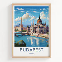 Budapest Poster - Hungary Travel Art - Parliament River Cityscape Home Decor