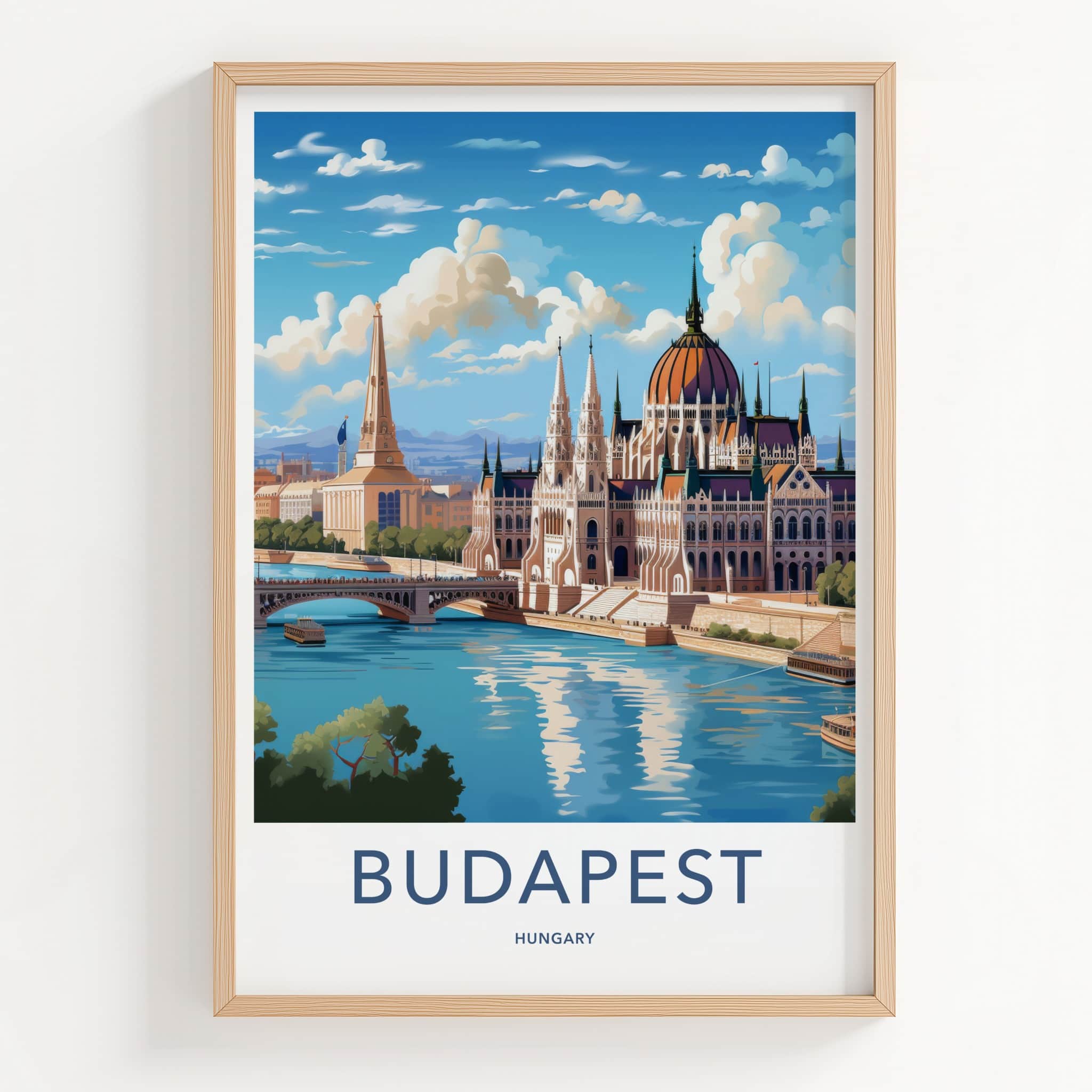 Budapest Poster - Hungary Travel Art - Parliament River Cityscape Home Decor