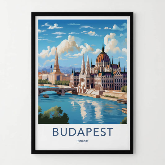 Budapest Poster - Hungary Travel Art - Parliament River Cityscape Home Decor