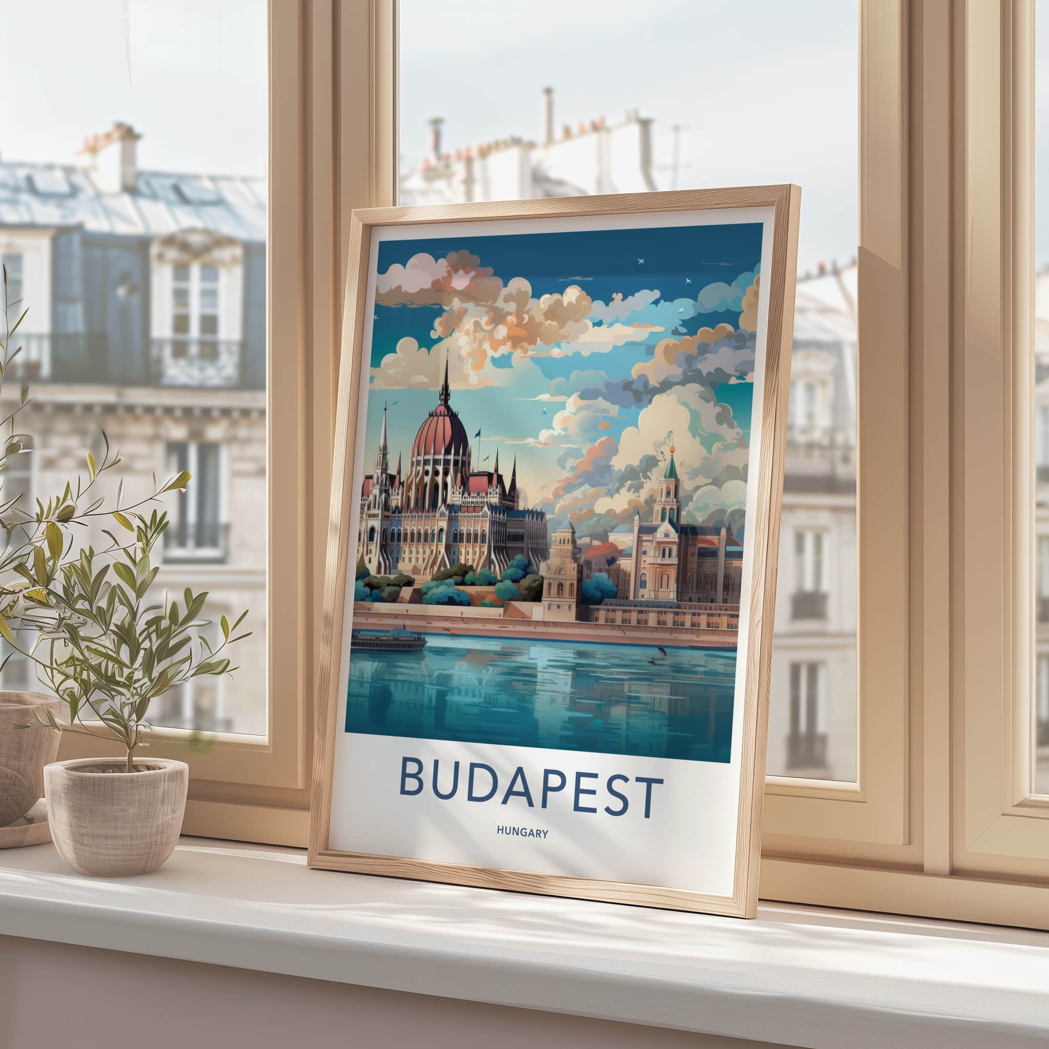 Budapest Poster - Hungary Travel Art - Parliament River Scene Home Decor