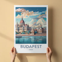Budapest Poster - Hungary Travel Art - Parliament River Scene Home Decor