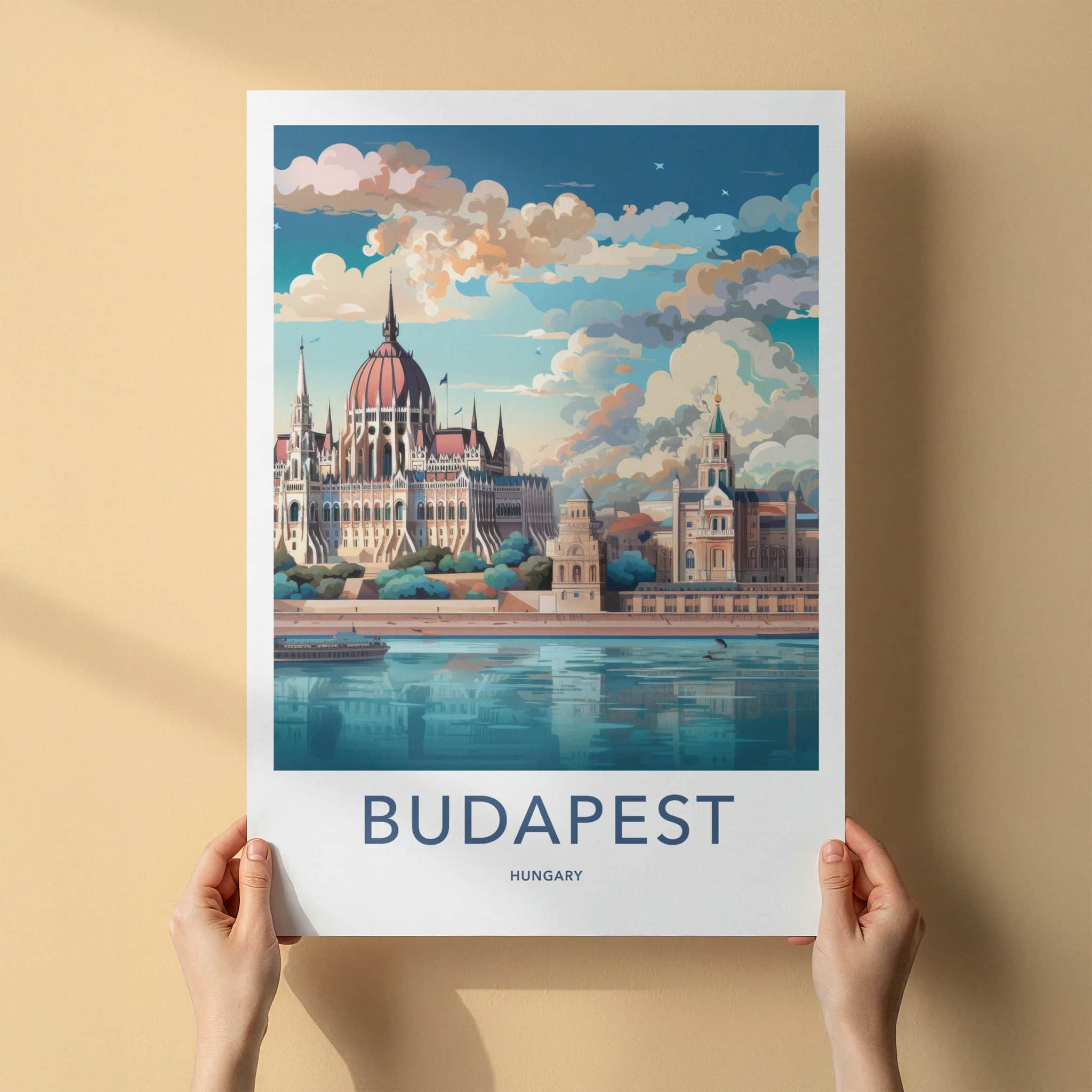 Budapest Poster - Hungary Travel Art - Parliament River Scene Home Decor