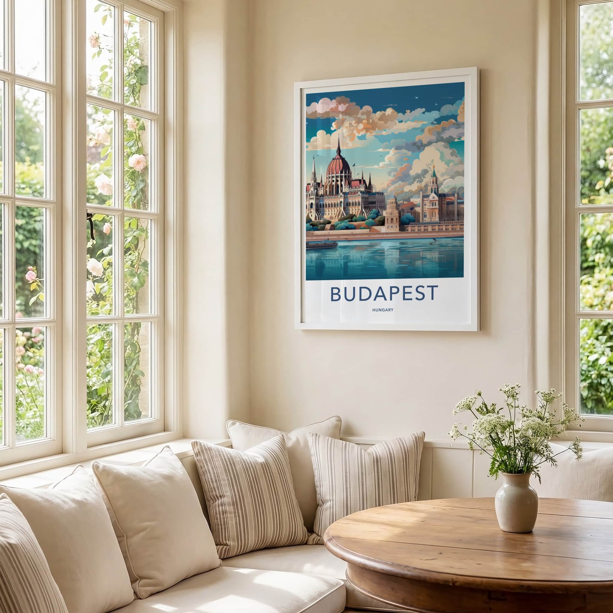 Budapest Poster - Hungary Travel Art - Parliament River Scene Home Decor