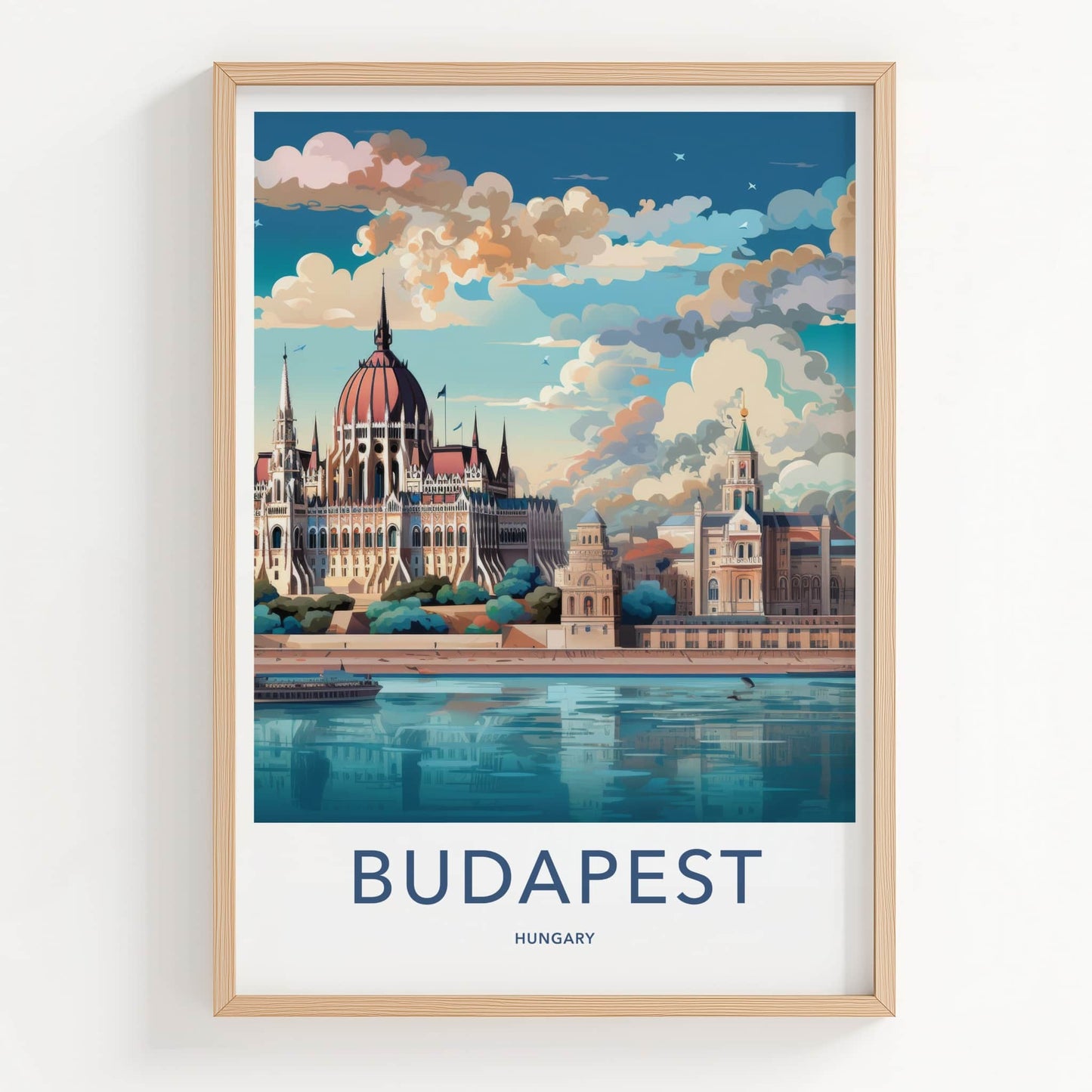 Budapest Poster - Hungary Travel Art - Parliament River Scene Home Decor