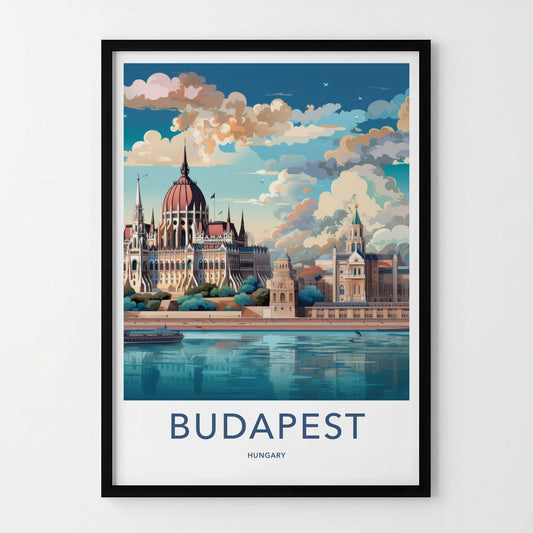 Budapest Poster - Hungary Travel Art - Parliament River Scene Home Decor