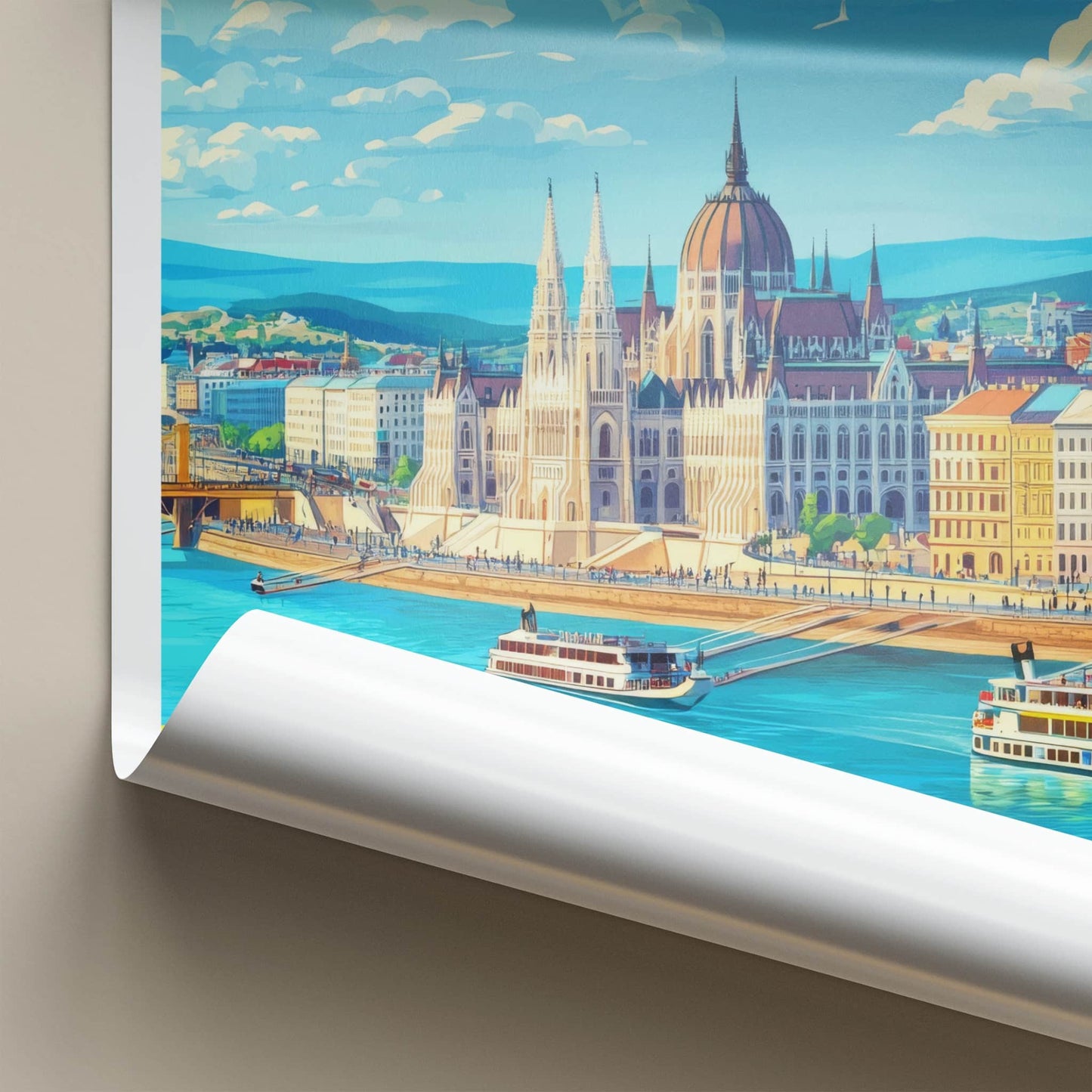 Budapest Poster - Hungary Travel Art - River Parliament Boats Wall Decor