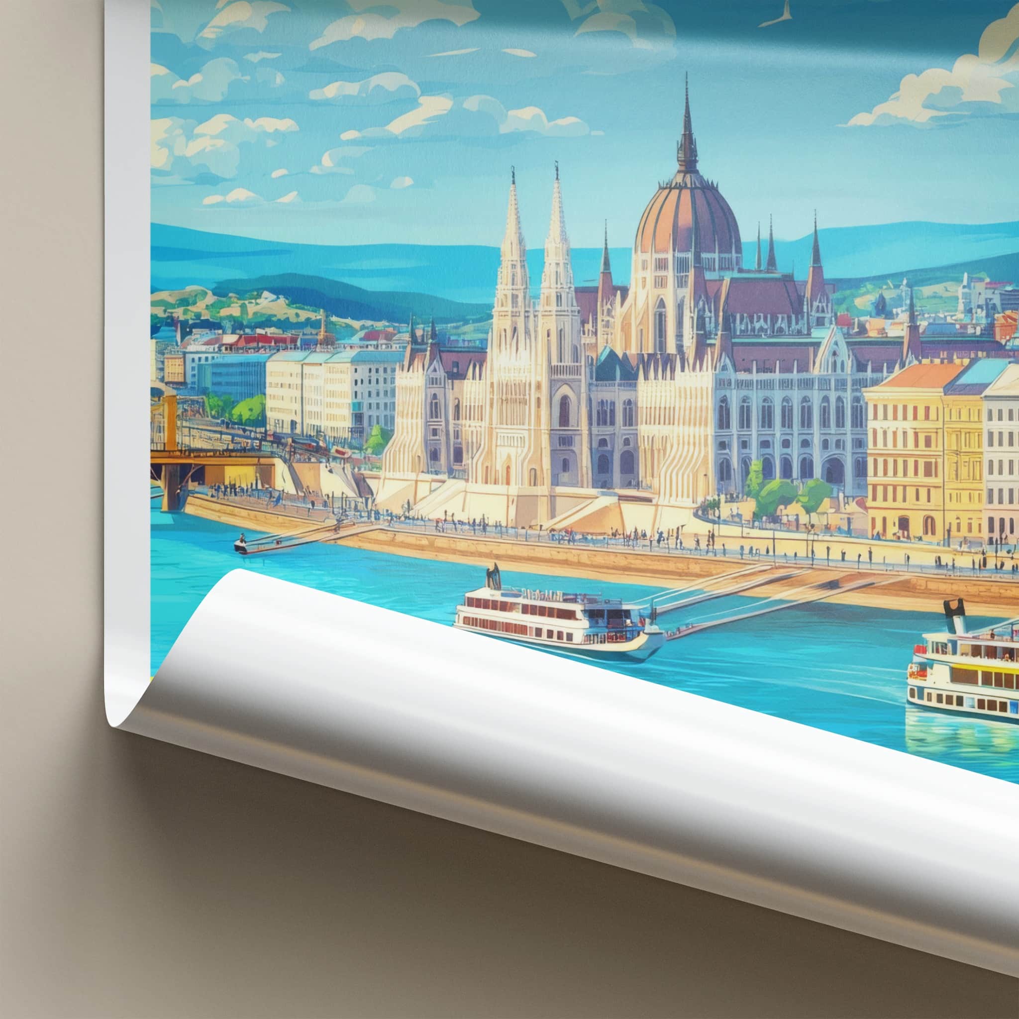 Budapest Poster - Hungary Travel Art - River Parliament Boats Wall Decor