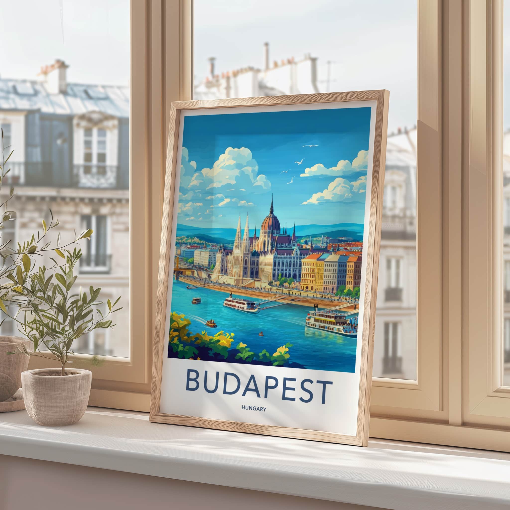 Budapest Poster - Hungary Travel Art - River Parliament Boats Wall Decor
