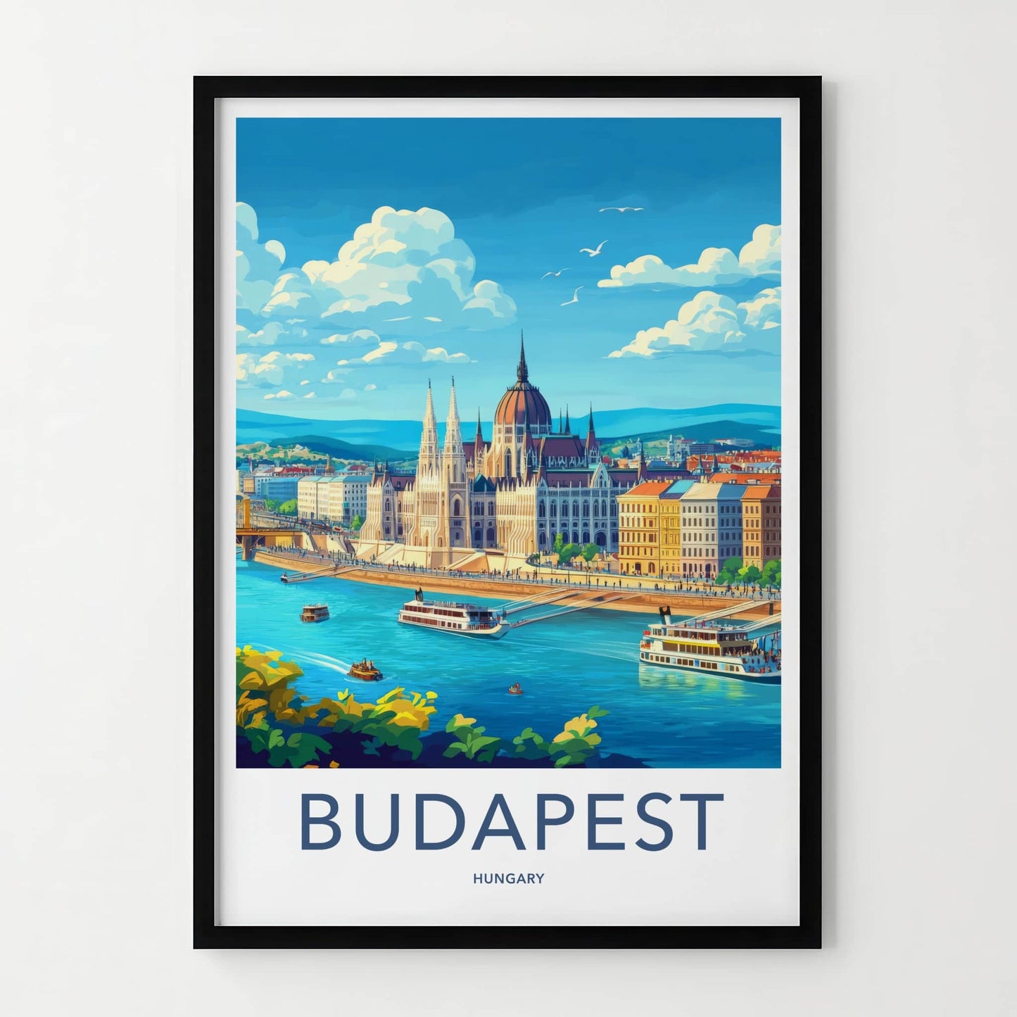 Budapest Poster - Hungary Travel Art - River Parliament Boats Wall Decor