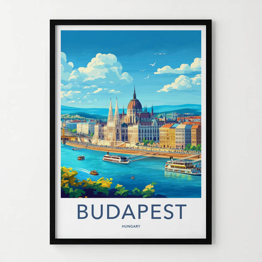 Budapest Poster - Hungary Travel Art - River Parliament Boats Wall Decor