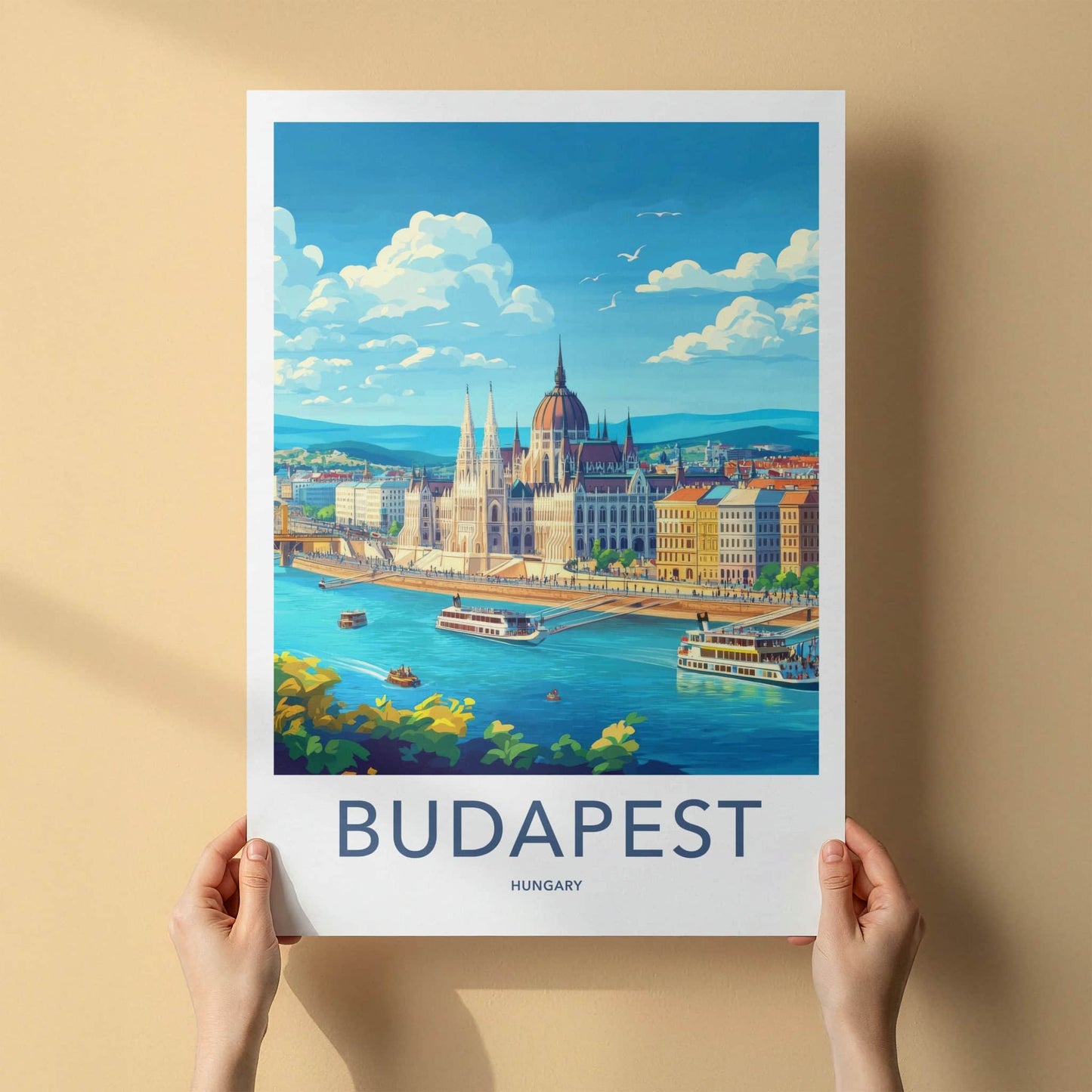 Budapest Poster - Hungary Travel Art - River Parliament Boats Wall Decor