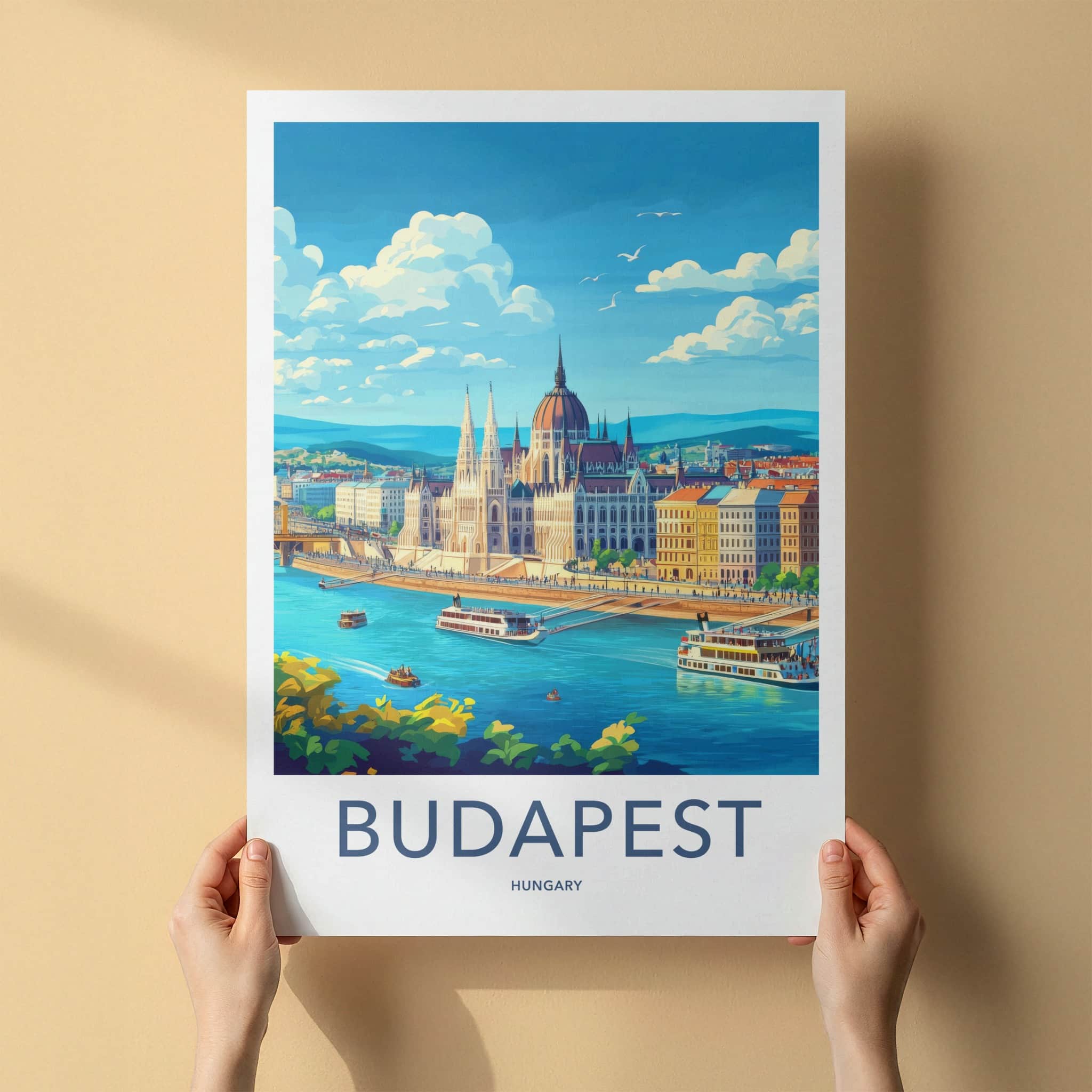Budapest Poster - Hungary Travel Art - River Parliament Boats Wall Decor