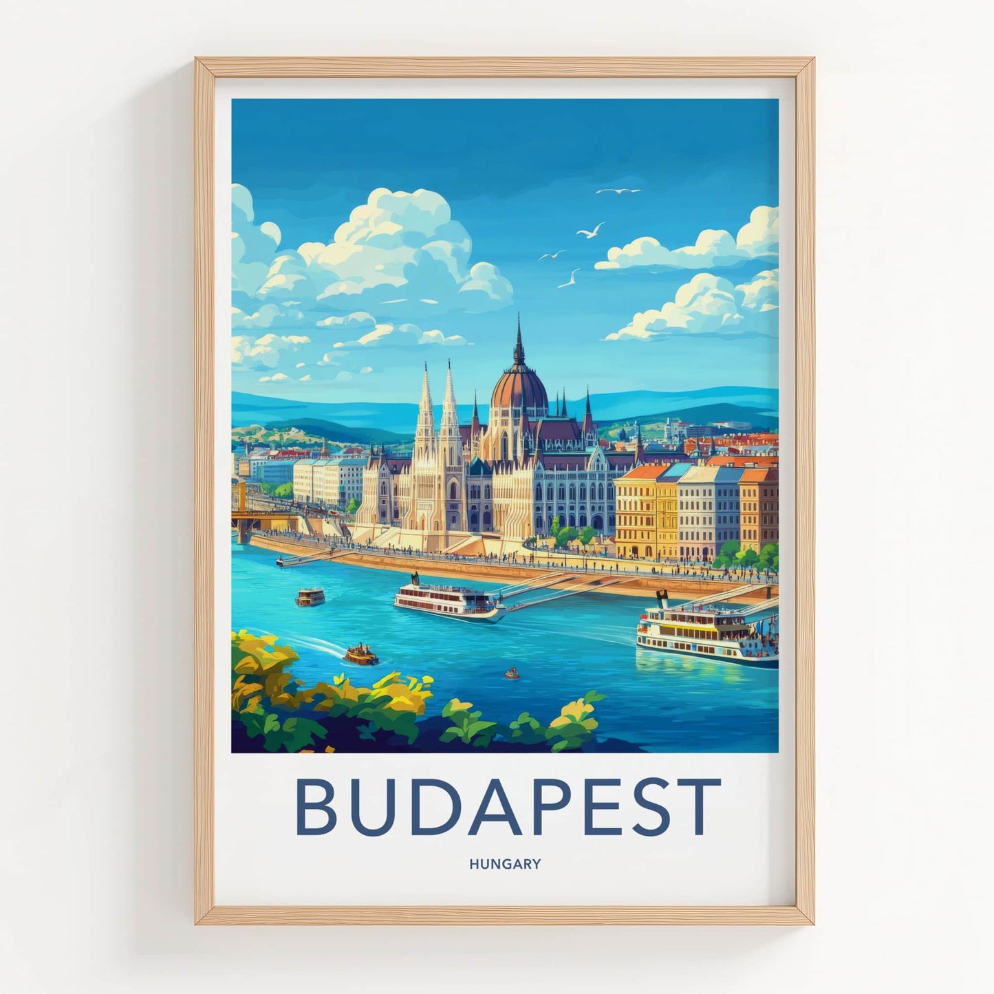 Budapest Poster - Hungary Travel Art - River Parliament Boats Wall Decor