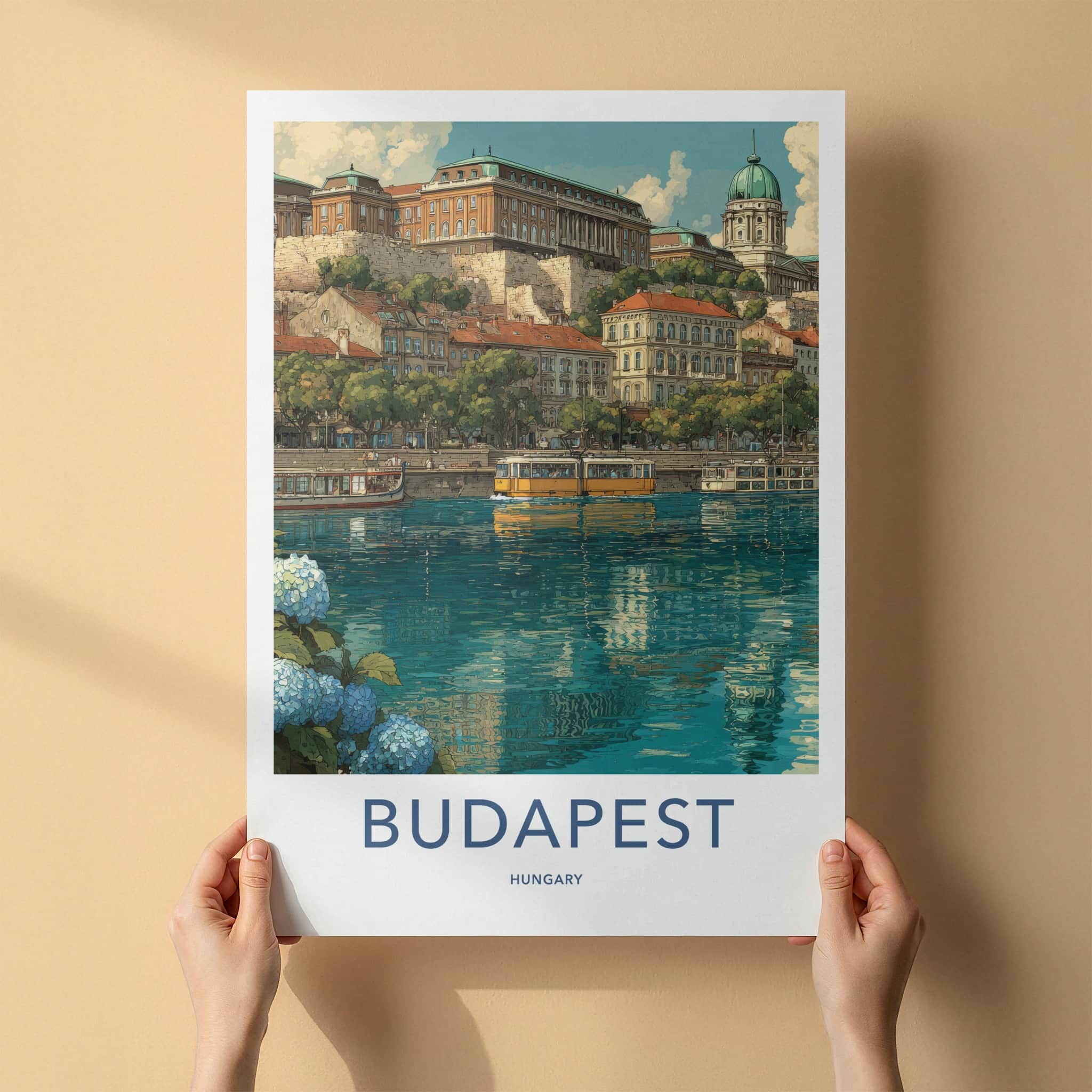 Budapest Poster - Hungary Travel Print - Cityscape River Tram Home Decor