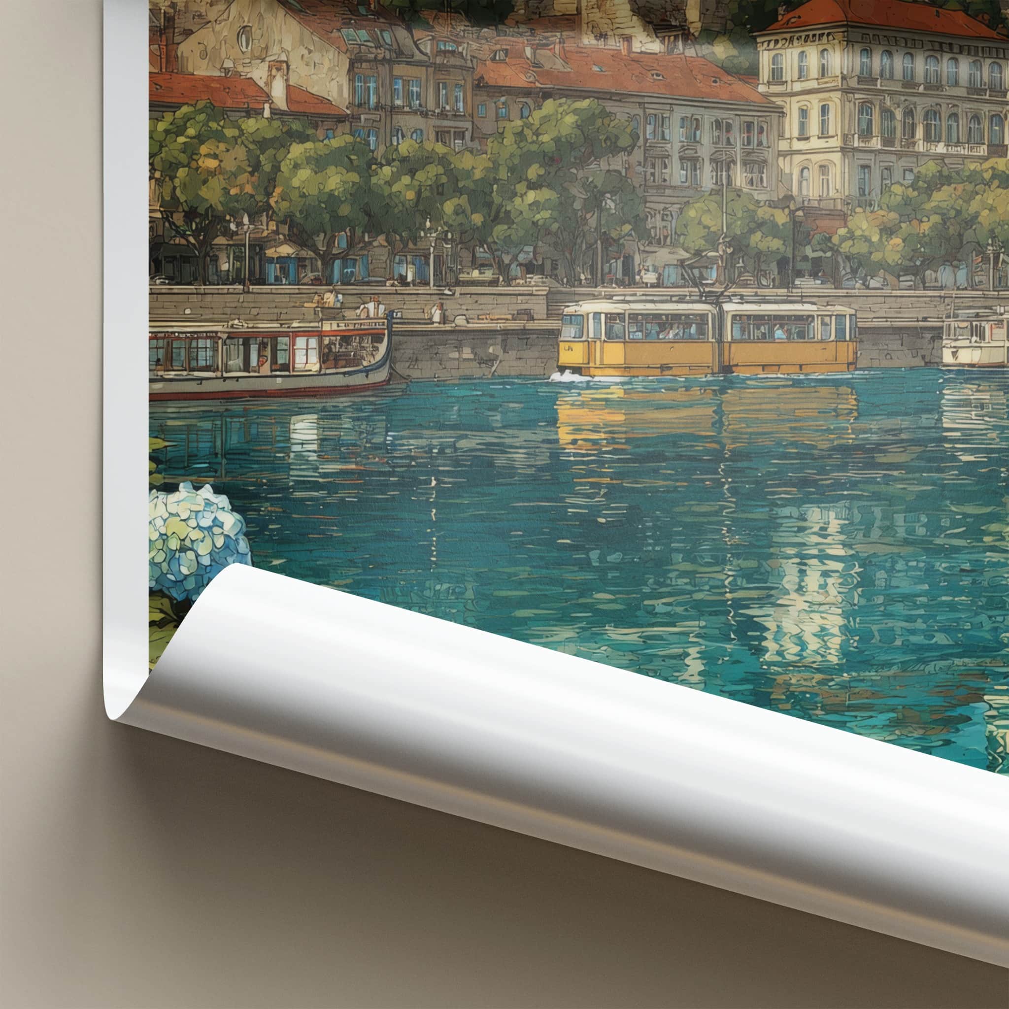 Budapest Poster - Hungary Travel Print - Cityscape River Tram Home Decor