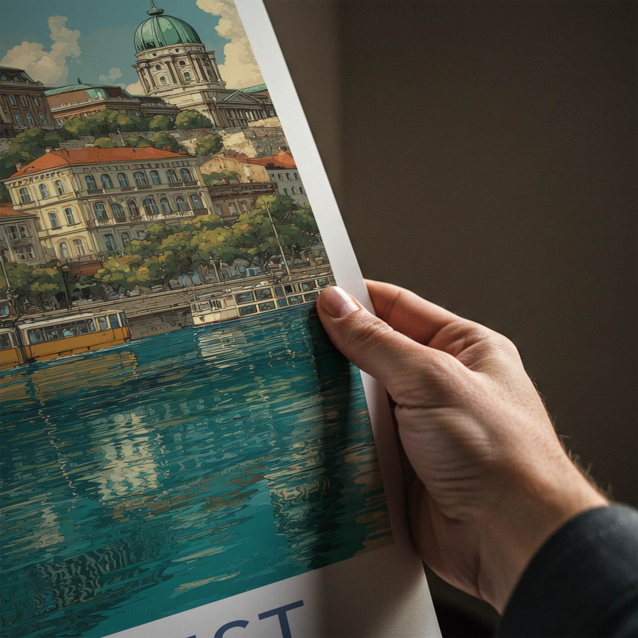 Budapest Poster - Hungary Travel Print - Cityscape River Tram Home Decor