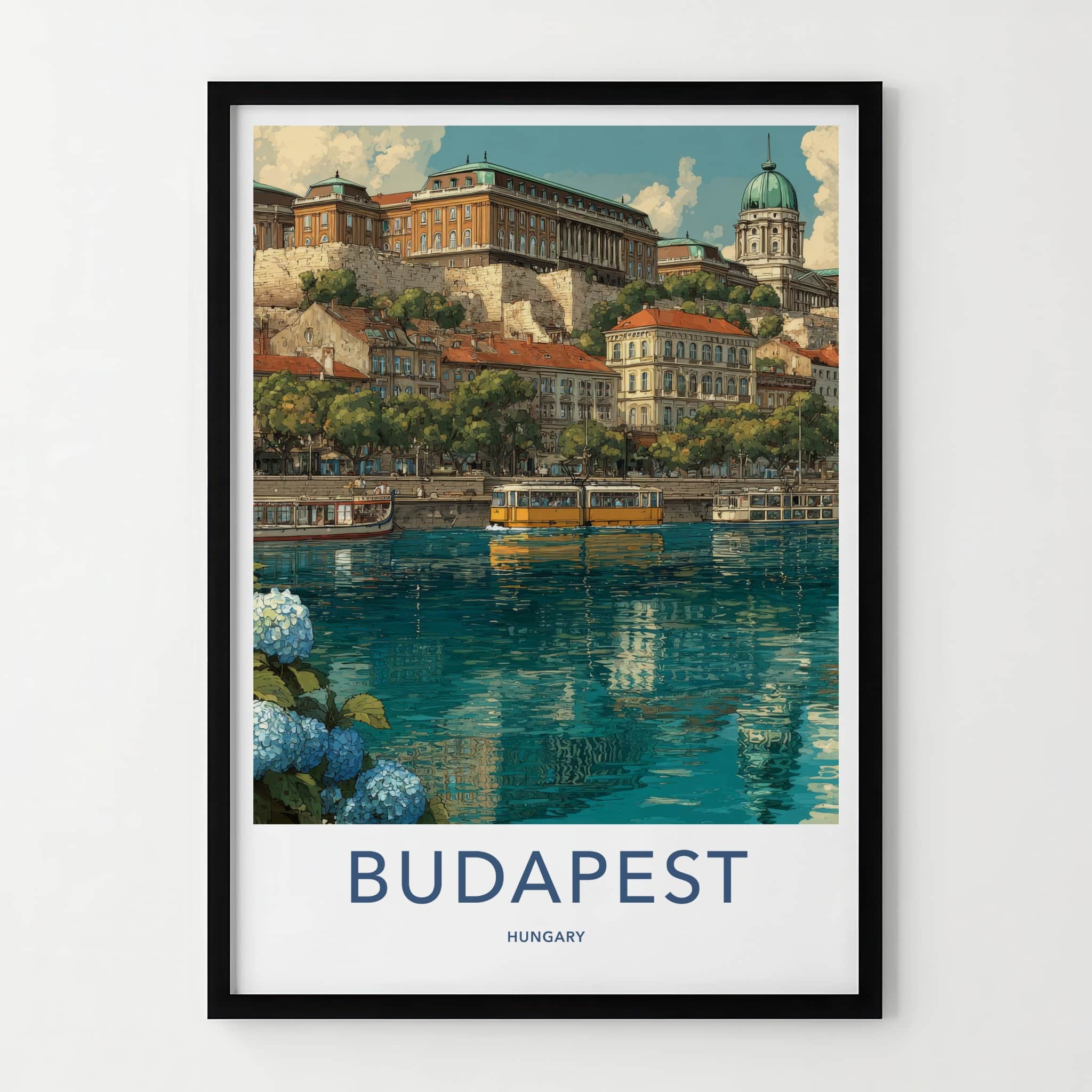 Budapest Poster - Hungary Travel Print - Cityscape River Tram Home Decor