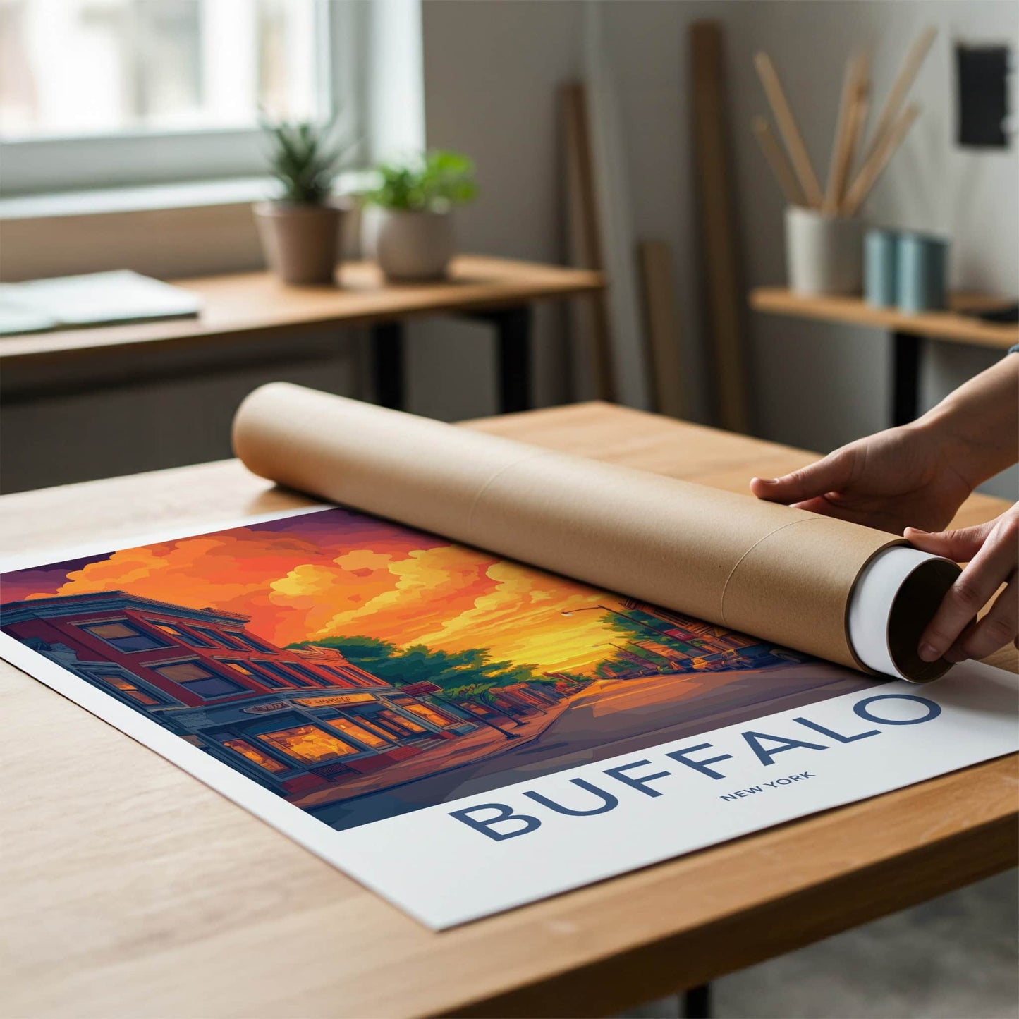 Buffalo Poster - New York Travel Art - Vibrant Sunset Street Home Decor