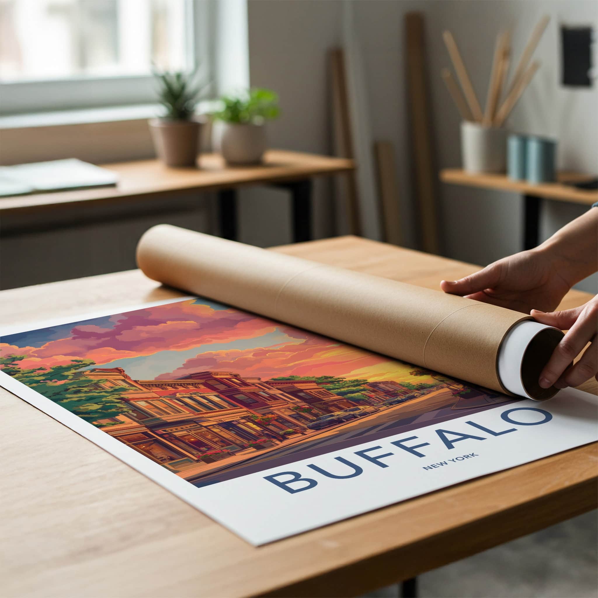 Buffalo Poster - New York Wall Art - Vibrant Sunset Street Home Decor