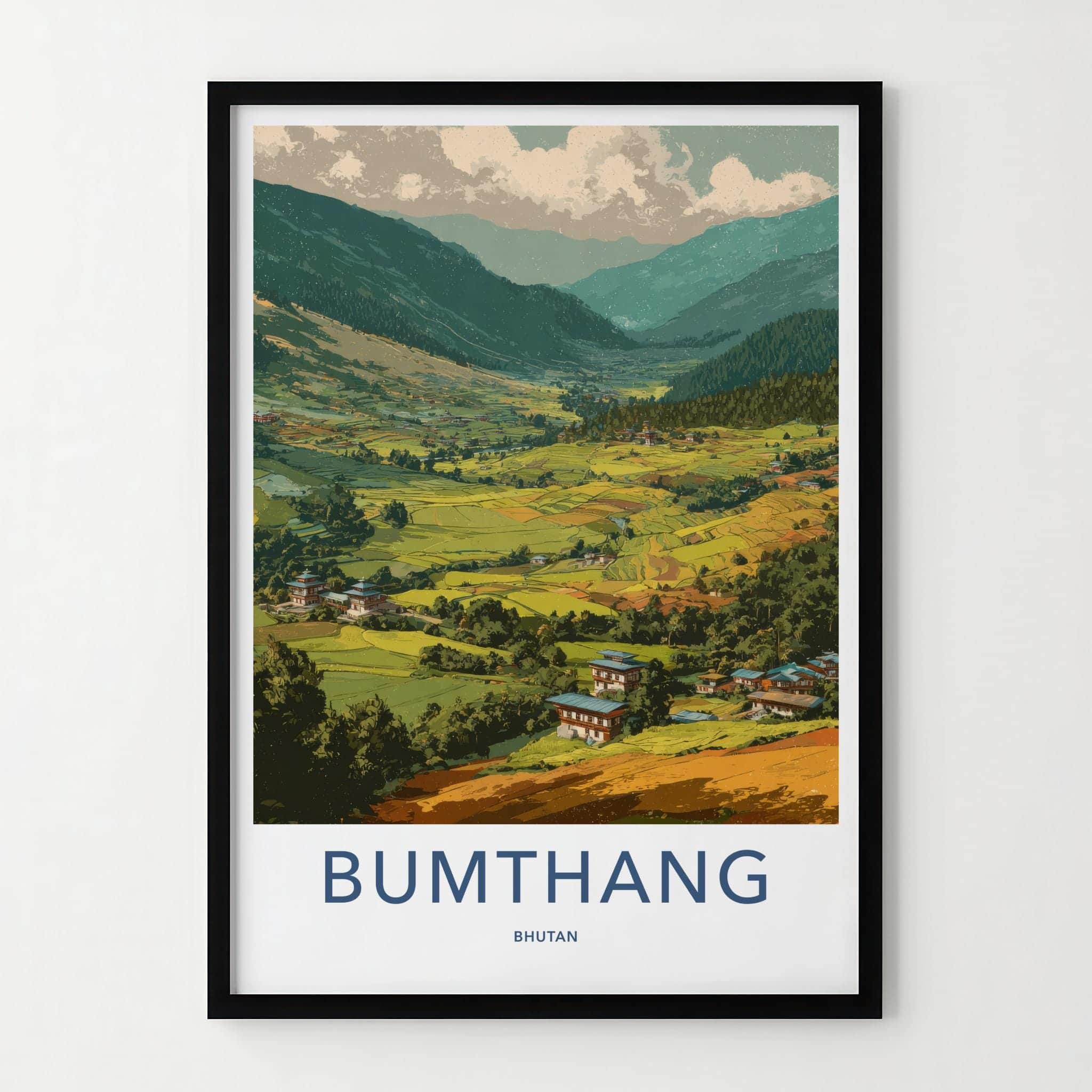 Bumthang Poster - Bhutan Travel Art - Green terraced fields Home Decor