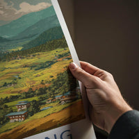 Bumthang Poster - Bhutan Travel Art - Green terraced fields Home Decor