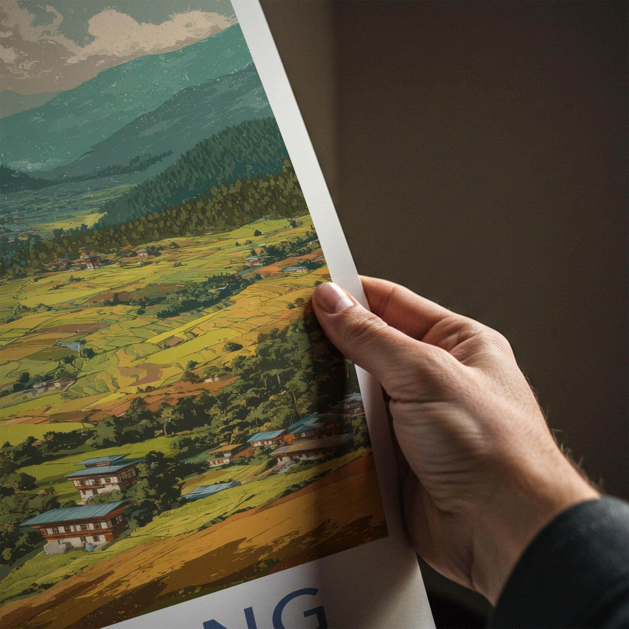 Bumthang Poster - Bhutan Travel Art - Green terraced fields Home Decor