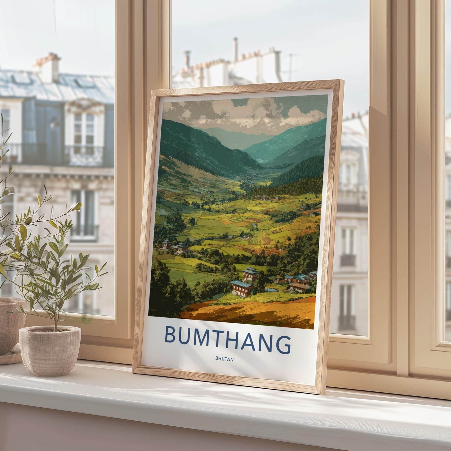 Bumthang Poster - Bhutan Travel Art - Green terraced fields Home Decor